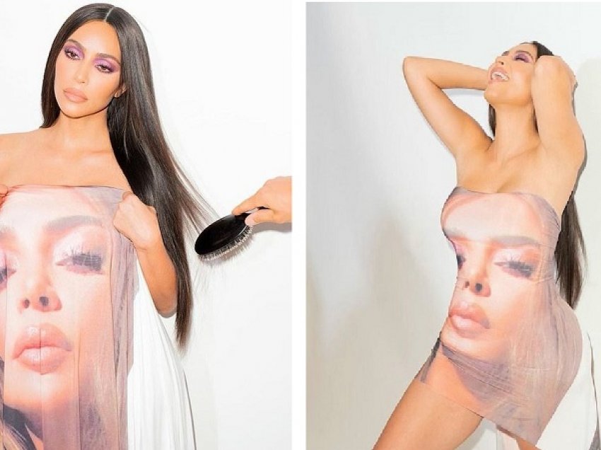 E dashuruar pas vetes! Kim Kardashian vesh fustanin me fytyrën e saj 