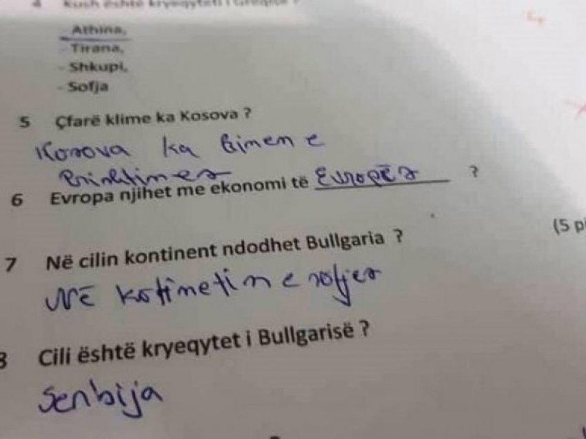 Nxënësi i Kosovës në klasën e shtatë bën hajgare me testin e gjeografisë, këto janë përgjigjet e tij qesharake 
