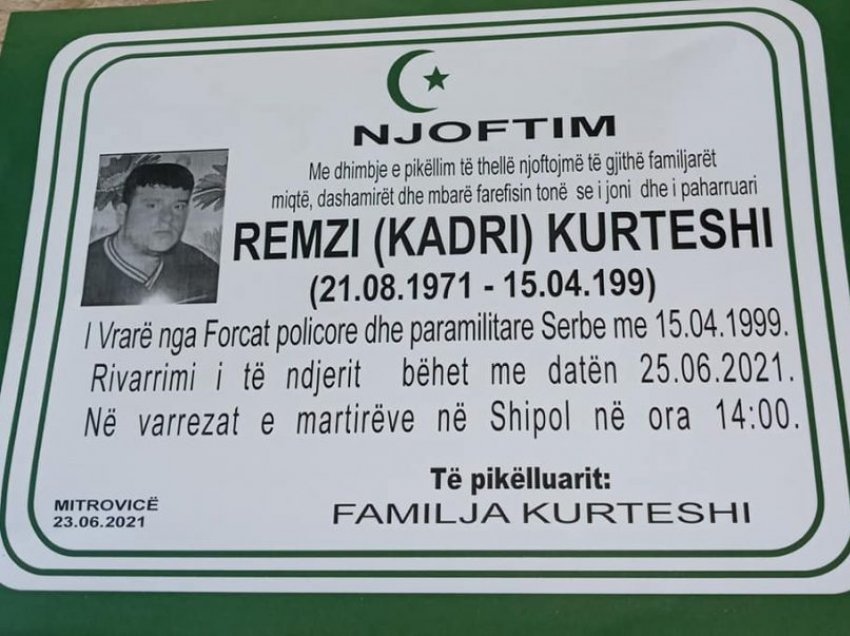 Gjenden eshtrat e Remzi Kurteshit nga Mitrovica që ishte vrarë nga forcat serbe