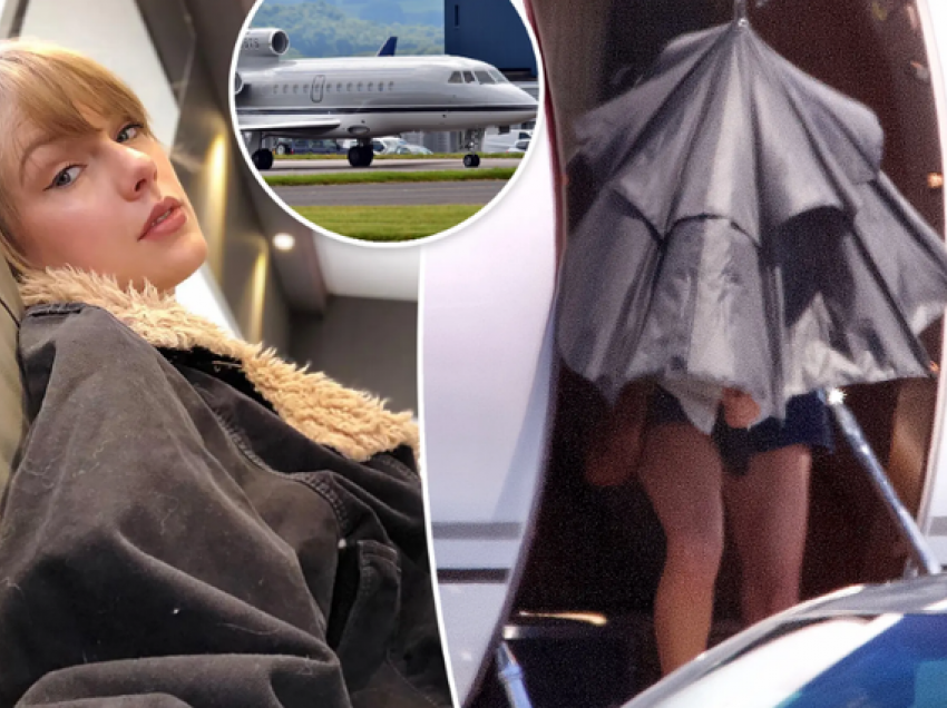 Taylor Swift mundohet të fshihet në çadër ndërsa zbret nga një avion privat, fotot s’duhen humbur