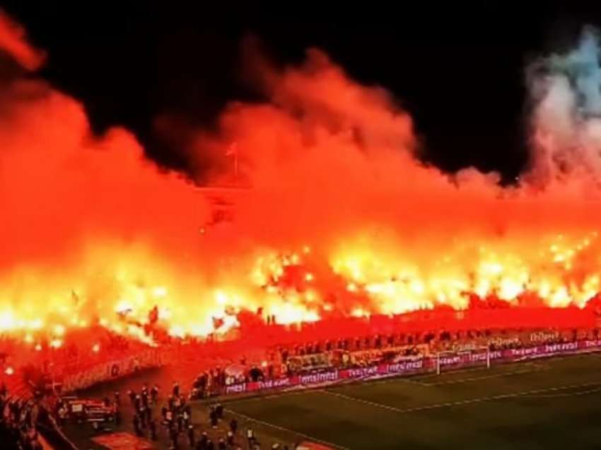 Pamjet/ Kaos në stadium pas derbit Crvena zvezda – Partizani, i vihet flaka stadiumit 