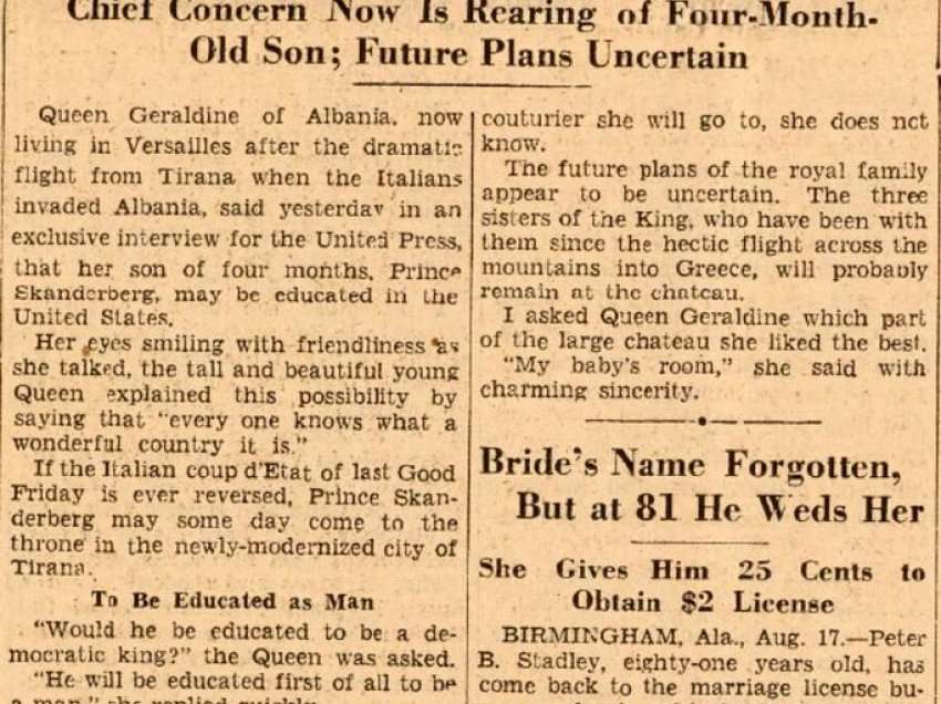 New York Herald Tribune (1939)/ Rrëfimi i Mbretëreshës Geraldinë në Versajë: Edukimi i djalit, simbolika e kurorës mbretërore, Skënderbeu, dhoma e preferuar në kështjellë…