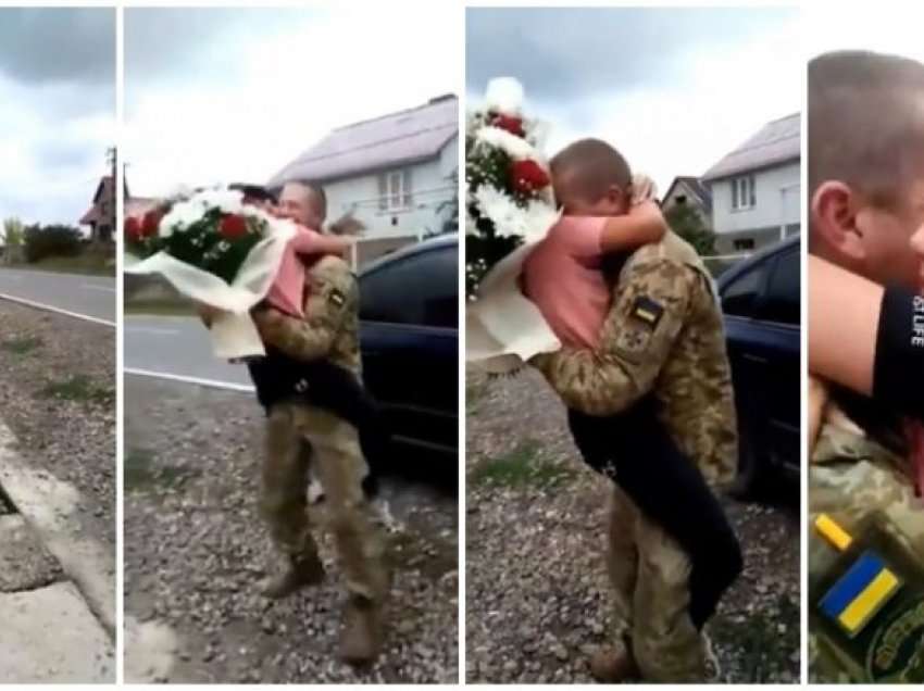 Pas gjashtë muajve gjen kohë që ta vizitojë familjen, djaloshi i ushtarit ukrainas vrapon për ta përqafuar babanë e tij