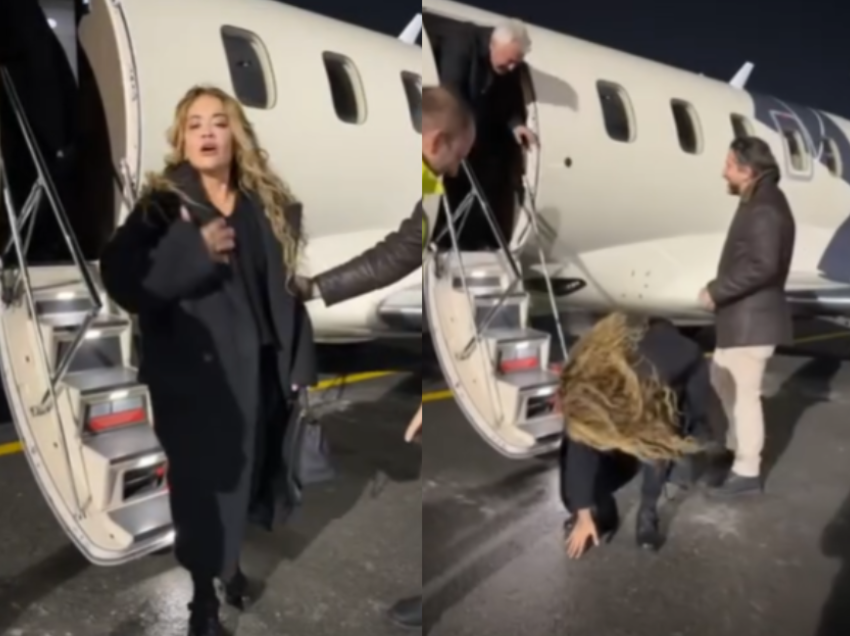 Momenti kur Rita Ora prek me dorë tokën në Kosovë pas daljes nga avioni